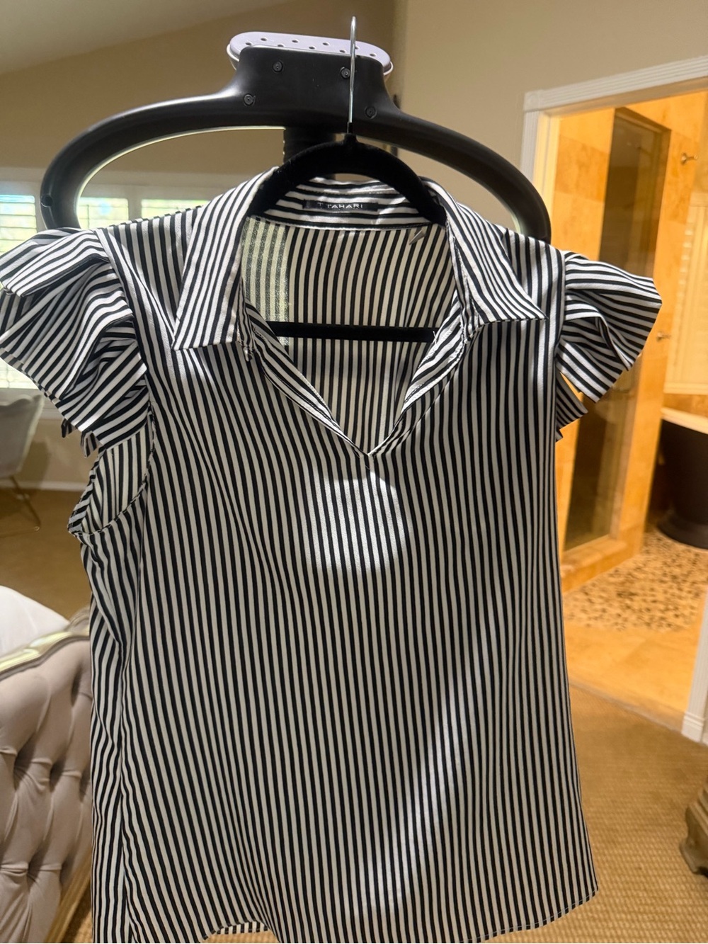 TTahari Black & White Striped Ruffle Sleeve Blouse - Women